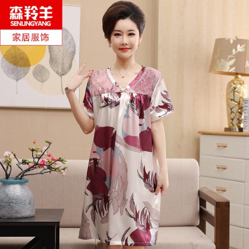 睡裙女夏季短袖丝绸中长款睡衣裙子E中年人妇女妈妈夏天冰丝连衣