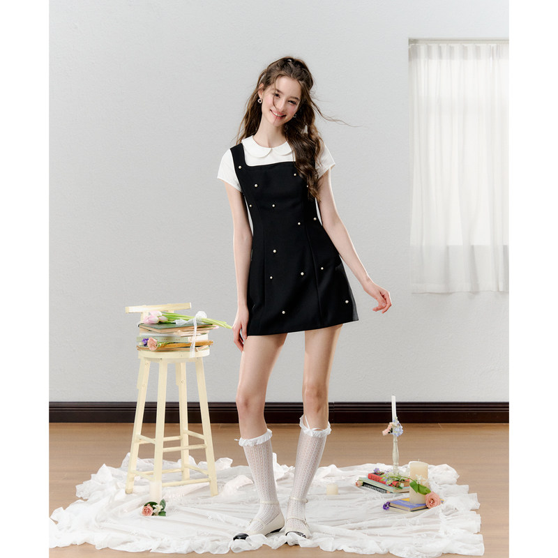 OBGD辣妹穿搭纯欲韩系千金风假两件黑色洋装女夏季短袖甜辣裙子