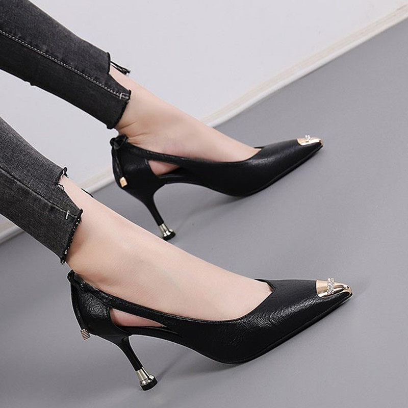 红綪綎高跟鞋女夏真皮包头2023年新款凉鞋女尖头细跟铁头水钻单鞋,女鞋,一字带凉鞋,淘宝优惠券,粉丝福利购,淘宝优惠卷