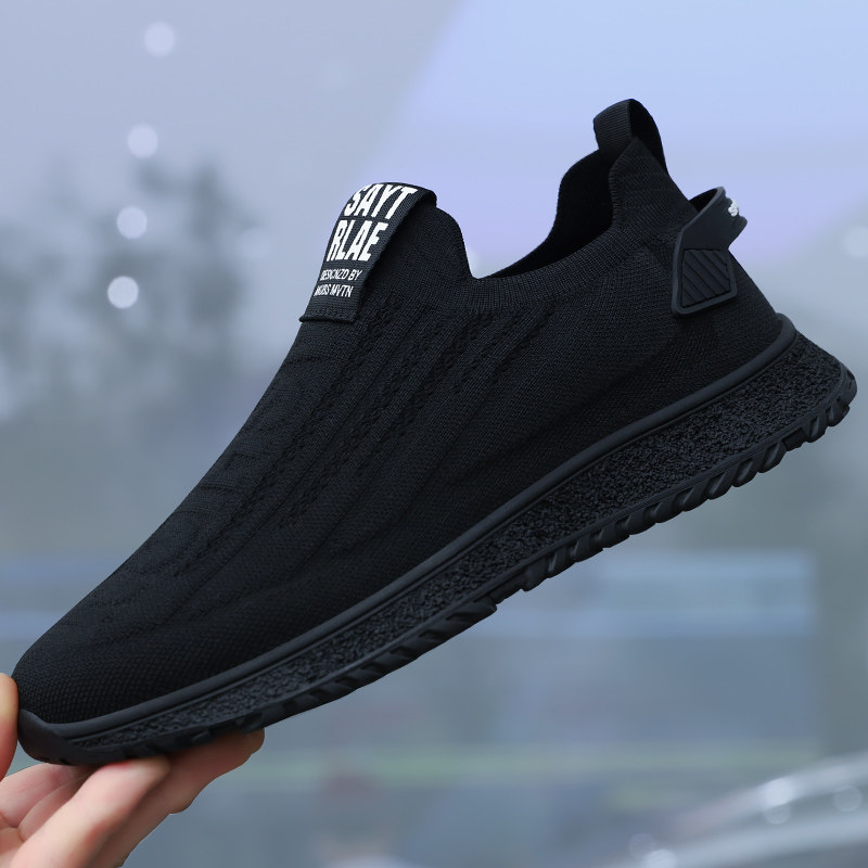 男鞋春季新款男士运动鞋黑色飞织网面透气一脚蹬软底鞋子男休闲鞋