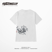 中国风鲤鱼印花日系情侣装 t恤男五分bf 短袖 小众夏装 潮牌宽松大码