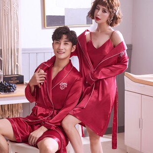 春秋新婚情侣睡袍女红色结婚冰丝绸D睡衣男士浴袍两件套晨袍家居