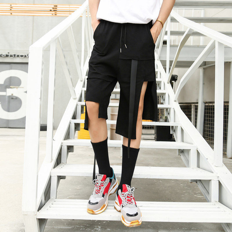 新款夏季青年韩版个性宽松五分裤哈伦裤潮男不对称短裤裤百搭中裤