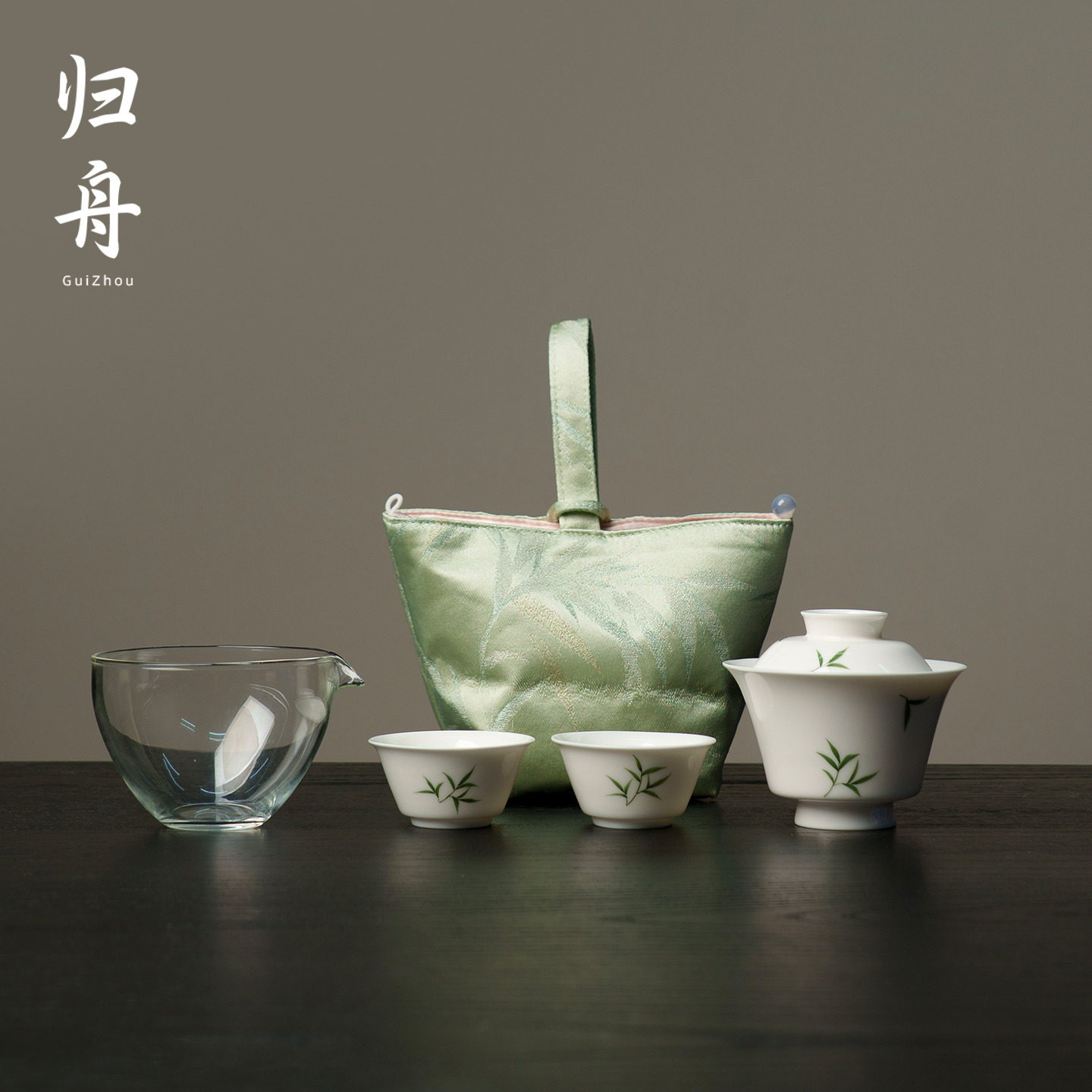 归舟筱竹手绘快客杯陶瓷套装家用旅行茶具二才盖碗茶杯泡茶伴手礼