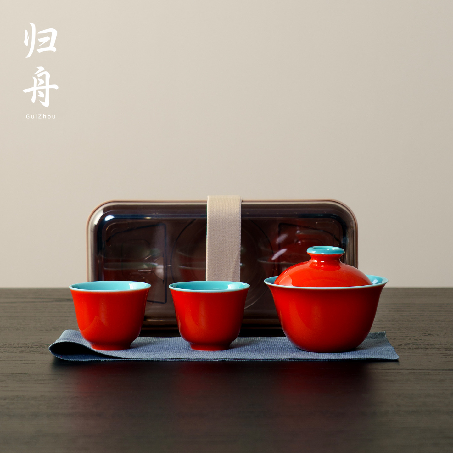 归舟复古故宫红盖碗茶杯旅行茶具套装便捷户外专用陶瓷喝茶快客杯