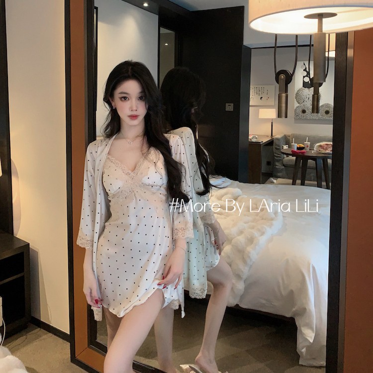 炽热性感纯欲风睡裙设计感连衣裙波点套装吊带高级感睡衣带胸垫女