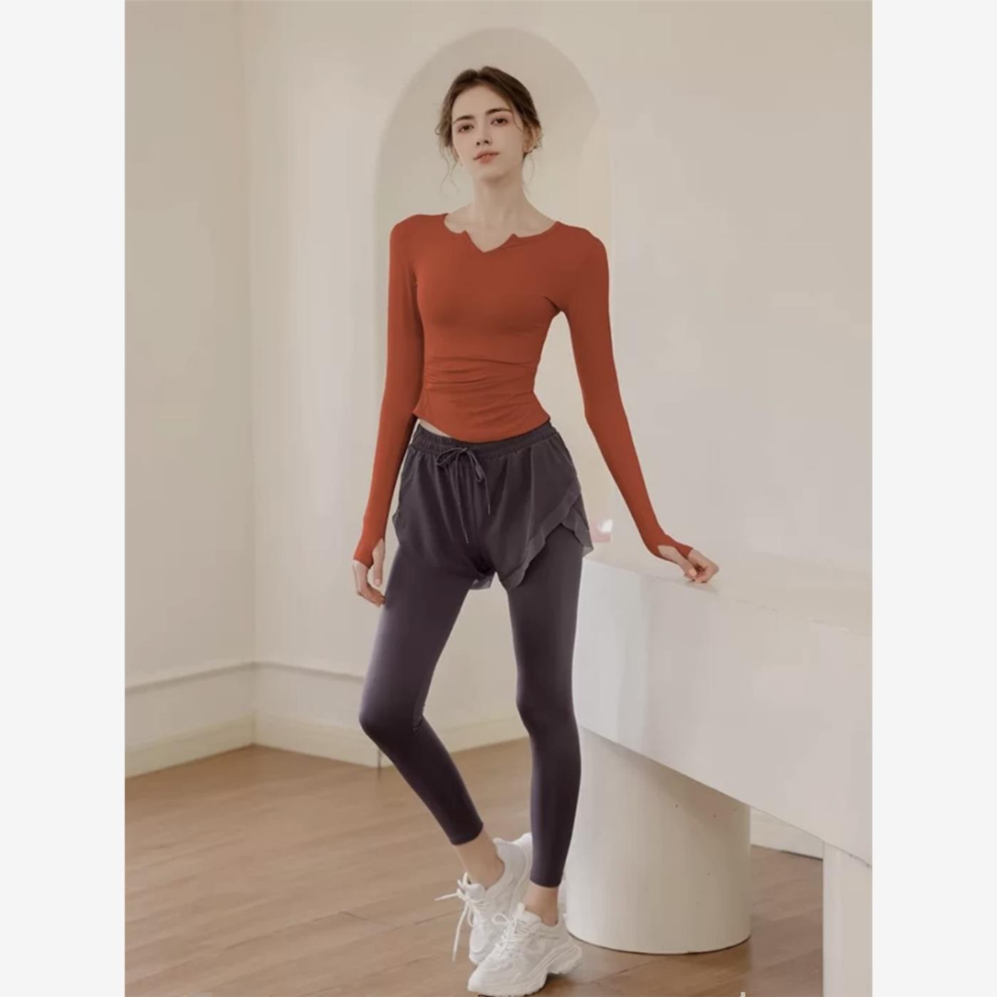 秋冬女性瑜伽服性感长袖跑步运动套装专业普拉提训练健身上衣