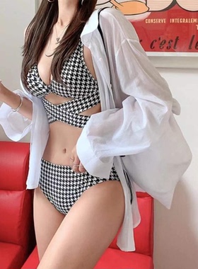 宋智雅同款单身即地狱性感游泳衣泡温泉千鸟格两件式泳衣女比基尼