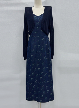 针织开衫+碎花牛仔吊带两件式洋装秋韩系气质显瘦穿搭时尚套装