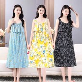 夏天妈妈碎花连衣裙大码 过膝无袖 吊E带裙子防凸点睡衣女人造棉睡