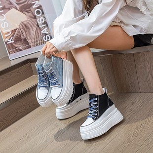 百搭舒适女鞋 韩版 厚底单鞋 2024秋冬新款 皮面帆布内增高8CM高帮鞋