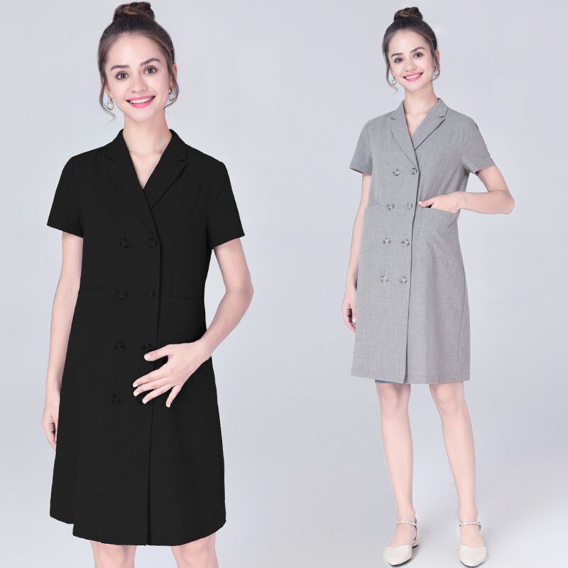 孕妇装2024年新款连衣裙工作服西装领短袖中长款大码显瘦职业裙子
