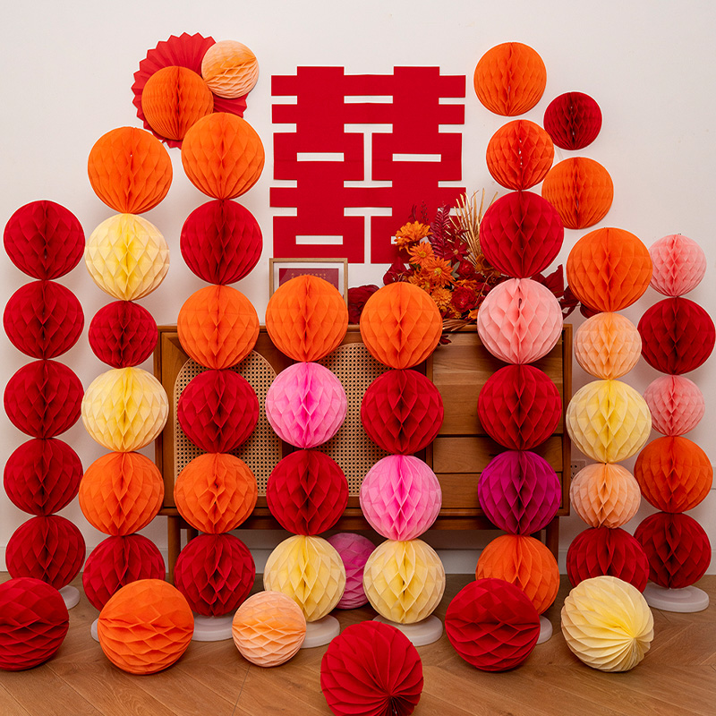 糊涂娘娘蜂窝球灯笼球立柱婚房布置装饰客厅结婚拉花摆件婚庆用品