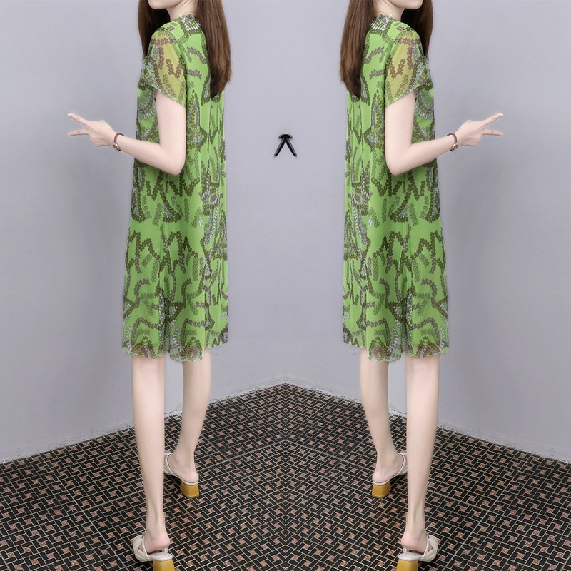 2025夏季绿色印花A字裙中长款宽松遮肉大码减龄雪纺网纱连衣裙女