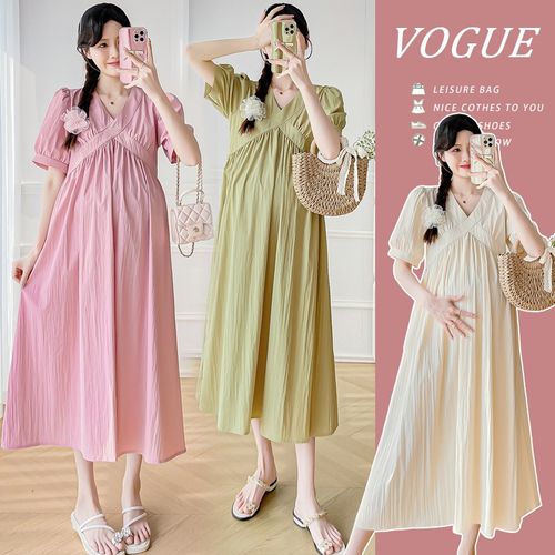 孕妇连衣裙夏季薄款洋气孕妇装淑女气质v领小清新长款过膝连衣裙