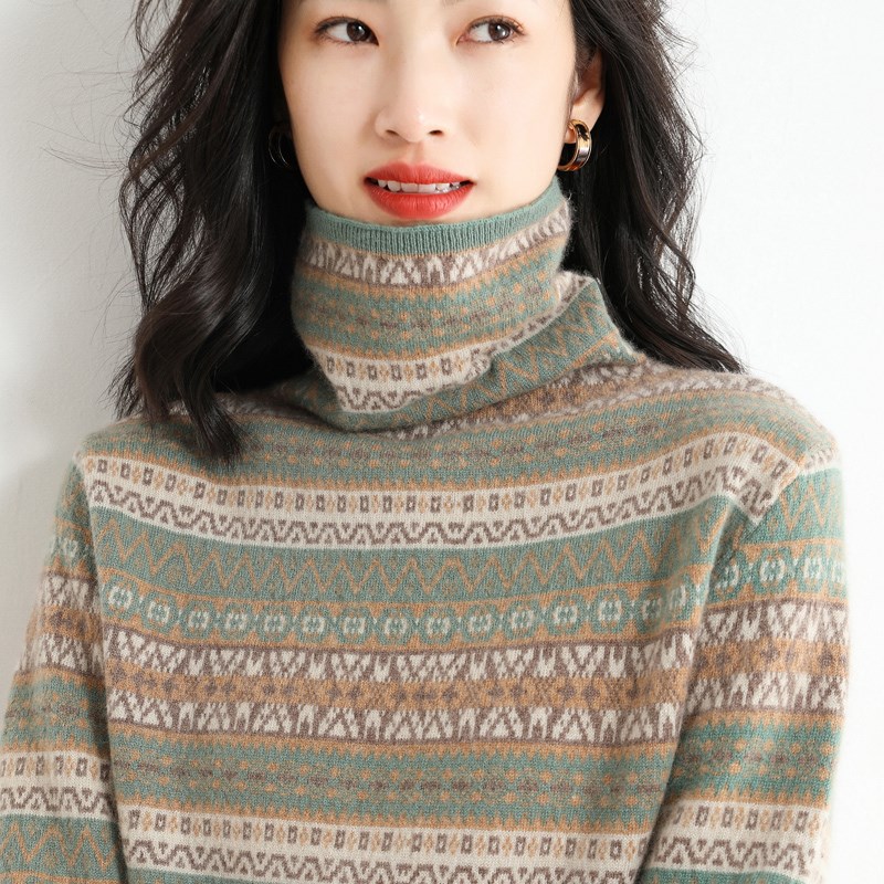 新款秋冬加厚针织衫堆堆高领毛衣女套头内搭长袖打底修身条纹上衣