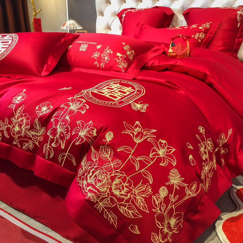 高档中式全棉纯棉刺绣结婚四件套大红色婚庆O床单被套新婚床上用