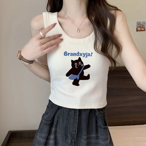 纯棉吊带背心女内搭夏季可爱猫咪印花无袖T恤洋气外穿甜辣小上衣