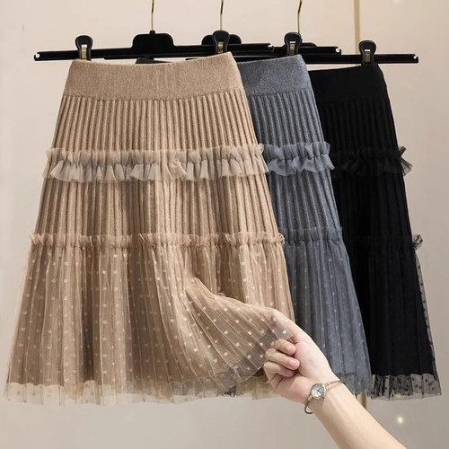 网纱百褶半身裙女秋冬2024新款高腰显瘦a字短裙小个子针织伞裙子