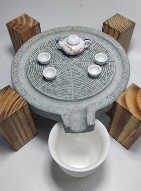 天然复古石磨茶盘家用简约排水式茶托石磨储水式干泡茶台功夫茶具