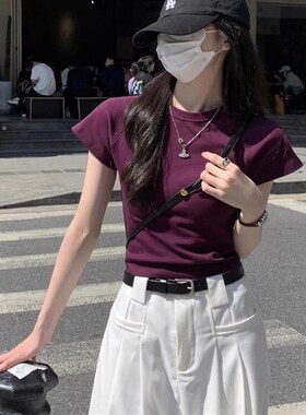 紫色正肩辣妹短袖t恤女2025夏季别致漂亮修身短款设计感小众上衣