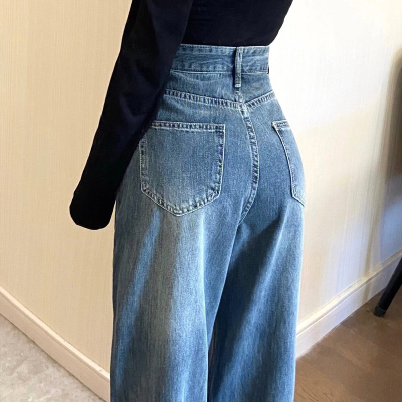 美式复古蓝高腰牛仔裤女显瘦显高秋季宽松直筒设计感阔腿拖地裤子