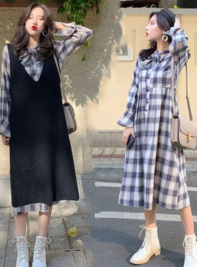 孕妇秋装套装时尚韩版春秋款洋气两件套连衣裙宽松长款过膝孕妇裙