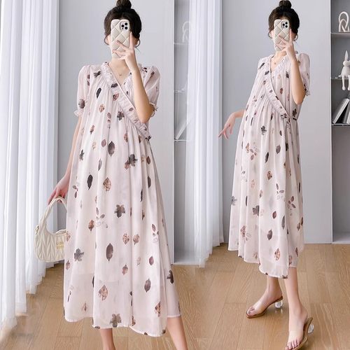 孕妇装夏装雪纺连衣裙2023新款韩版夏季宽松大码显瘦气质印花长裙