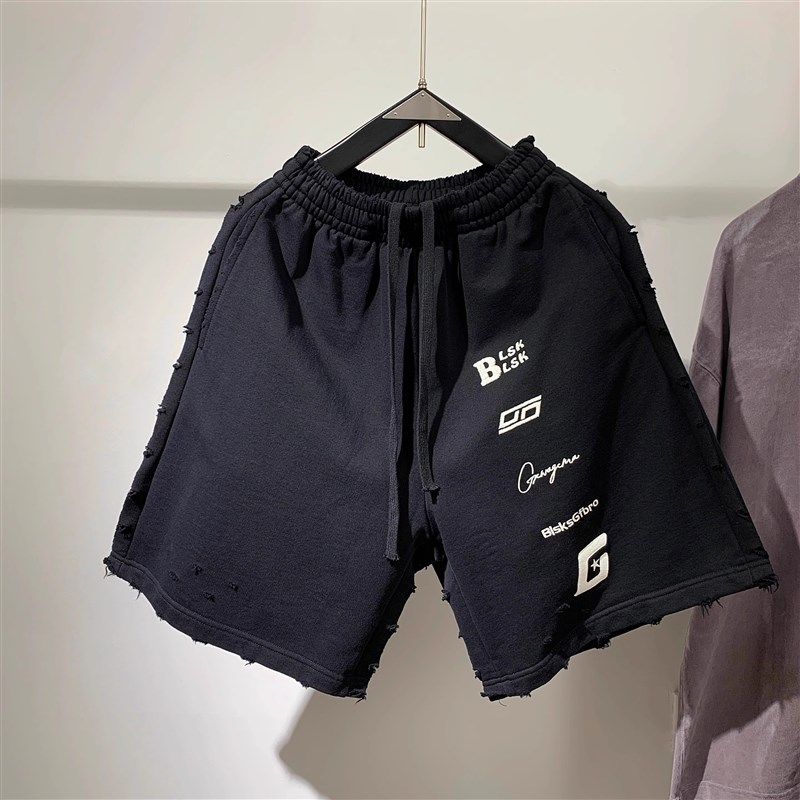2025夏季新款重工重磅潮牌美式字母刺绣短裤男毛圈磨破洞五分裤子