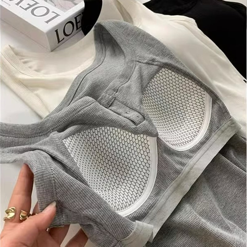 修身显瘦百搭螺纹棉U领背心女春夏季纯色内搭带胸垫纽扣宽肩吊带