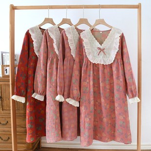 公主风睡衣女款纯棉纱布夏季长袖薄款女J士花边睡裙春秋外穿家居