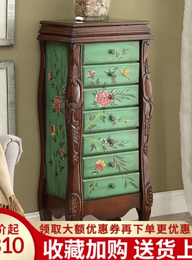美式七斗柜复古胡桃绿色整装珠宝C柜翻盖带镜两门首饰柜卧室储物