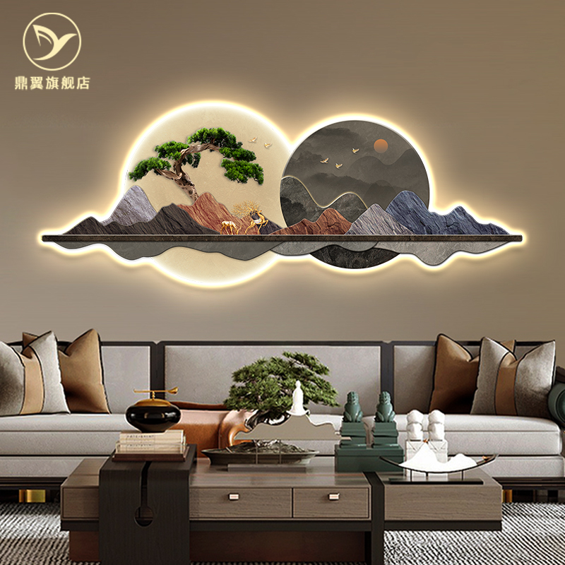 别墅挑空餐客厅东墙上无框装饰画不规则挂画沙发背景墙氛围壁灯画