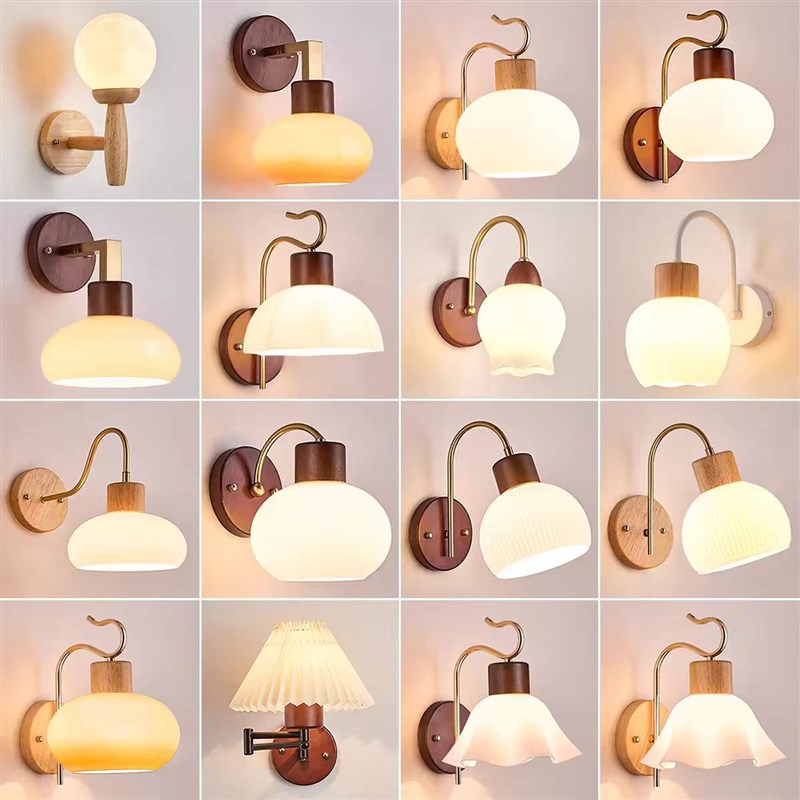 实木新款卧室床头背景墙北欧原木风简约创意中式客厅过道楼梯壁灯