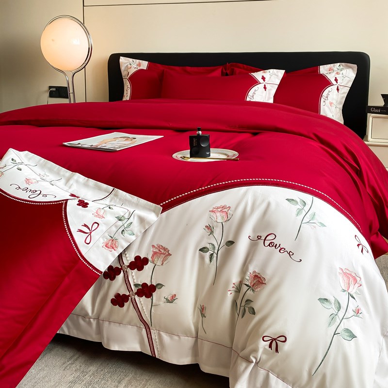 新中式160支长绒棉结婚四件套婚庆红色被套床单喜被婚房床上用品4