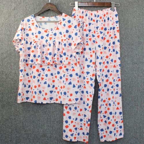 夏季女士棉绸短袖长裤睡衣防凸点人C造棉家居服套装绵绸大童荷叶