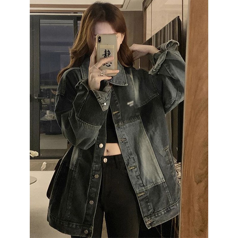 300斤大码胖mm美式高街拼接牛仔外套女高级感显瘦宽松女装夹克潮