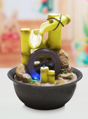 欧式流水喷泉风水轮小摆件水车办公室创意礼品物家居装饰桌面竹子