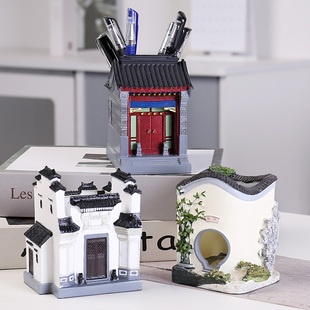 复古中国风笔筒国潮礼物桌面家居时尚创意办公室模型徽派建筑摆件