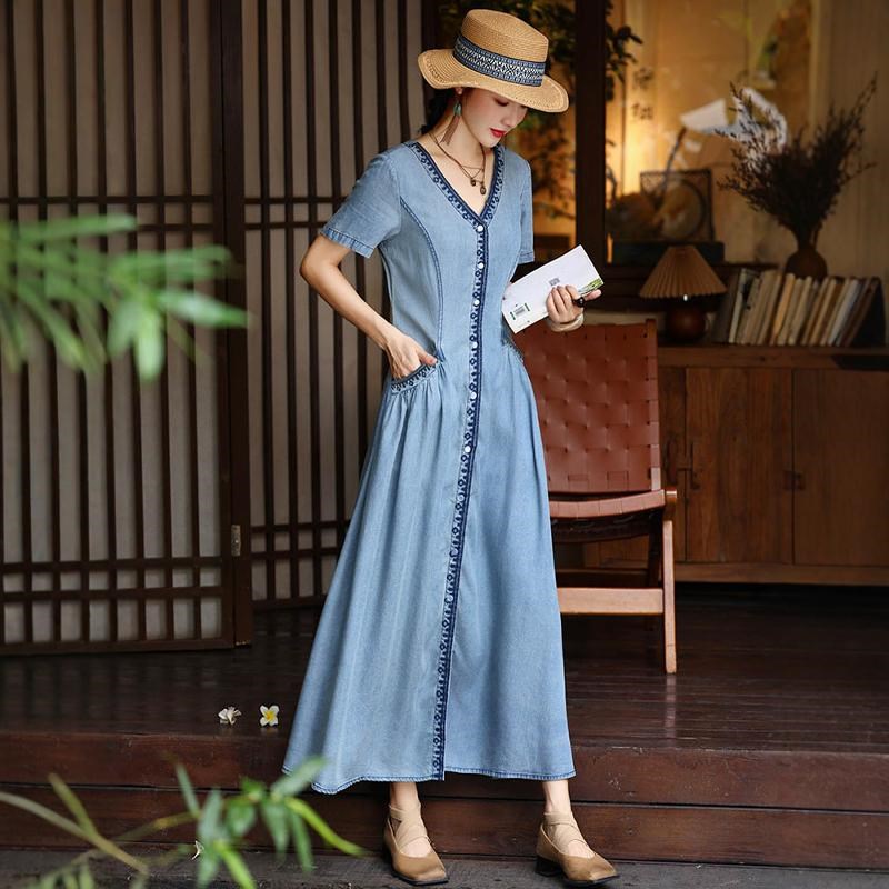 开衫V领显瘦牛仔长裙女2024夏季新款复古港风刺绣大摆连衣裙A字裙