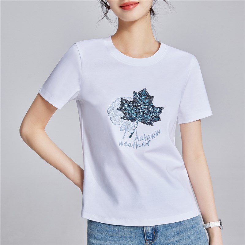 刺绣短袖T恤女白色夏季正肩2025新款大码宽松显瘦圆领丝光棉上衣