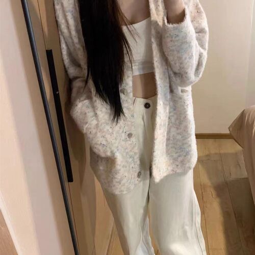 大码胖妹妹彩点v领针织开衫春秋冬新款宽松软糯慵懒风毛衣外套女
