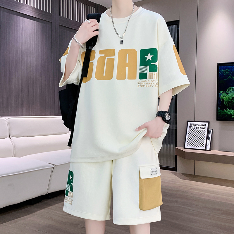 休闲运动套装男孩夏季宽松青少年学生T恤衫潮牌潮流短袖短裤一套