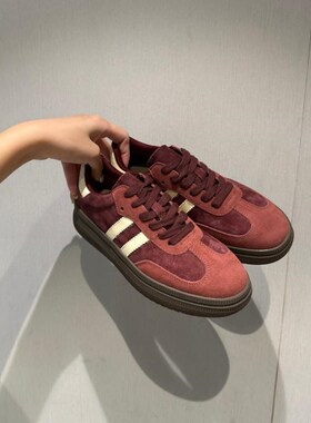 红色德训鞋女2025春新款美拉德真皮软底舒适透气平底X休闲运动板