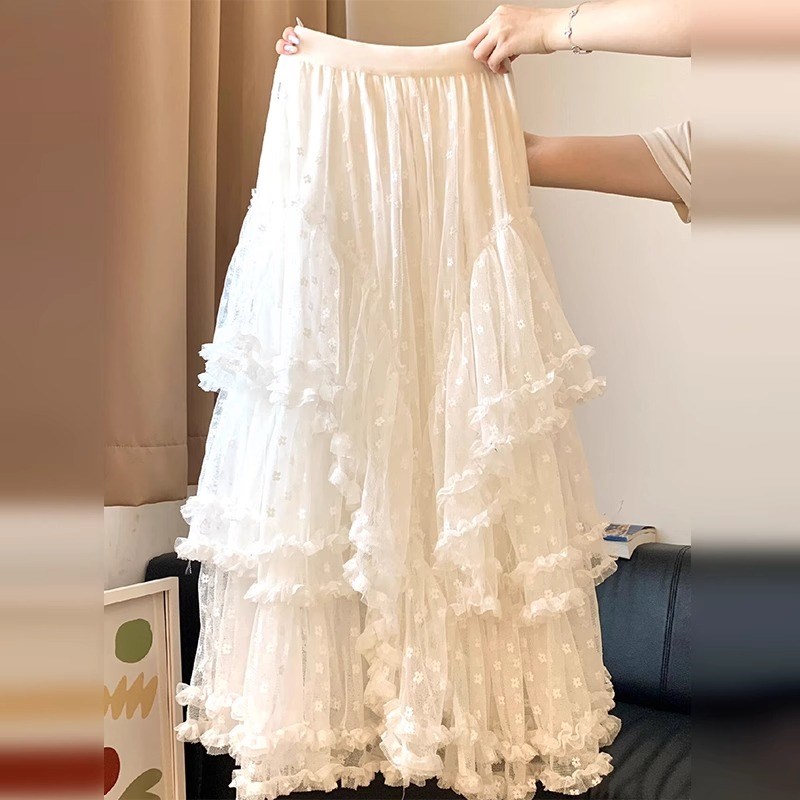白色蓬蓬蛋糕裙女春季2025新款松紧高腰显瘦垂坠感网纱蕾丝半身裙