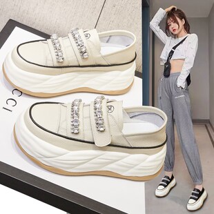 真皮水钻b厚底运动鞋女春夏新款百搭两穿松糕鞋魔术贴内增高休闲