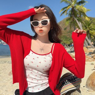 宽松薄款 新款 防晒冰丝上衣外搭 披肩外套女2025夏季 红色针织小开衫