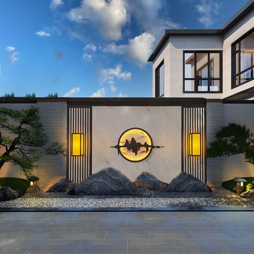 庭院入户别隔断墅小区园林深咖不锈钢新中式背景墙影壁墙屏风定制