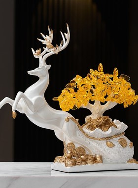 新中式办公室桌面好物装饰品招财摆件发财树生财有鹿乔迁新居礼品