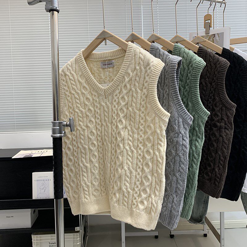 粗毛线针织提花 日单线 秋冬宽松休闲V领毛衣背心 男女复古马甲潮